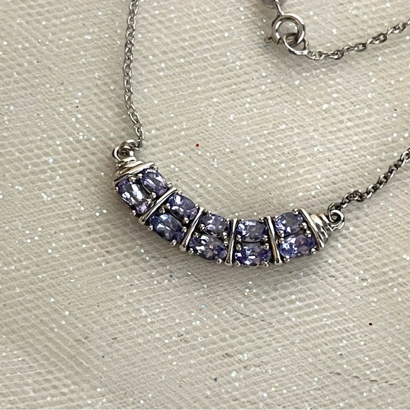 925 Silver Arc Pendant Necklace with Oval Grain Set Tanzanite Gemstones - Picture 10 of 16